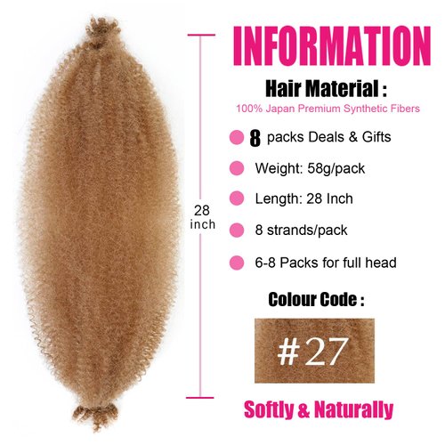 Afro Twist Hair 28 Inch 8 Packs, Springy Afro Twist Hair Pre Fluffed Spring Twist Hair Pre Stretched Wrapping Hair for Soft Locs Hair Extensions (8-27#)