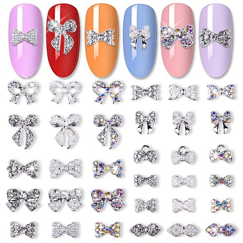 JERCLITY 33 Pieces Silver Alloy Bow Charms for Nails Bow Nail Charms Gems Bowknot Nail Studs Inlaid Pearl Clear Iridescent Rhinestone for Women Girls Nail Art