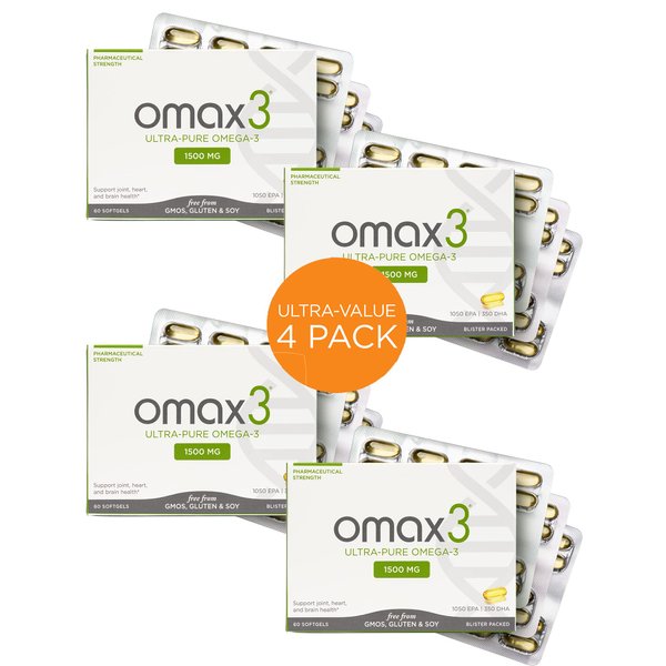 Omax3 4 Boxes Ultra-Pure Omega-3 Fish Oil Pills | High Concentration EPA DHA,1500 MG, Gluten Free, Non-GMO, Made in USA, 240 Softgels Blister Packs (4 Boxes)