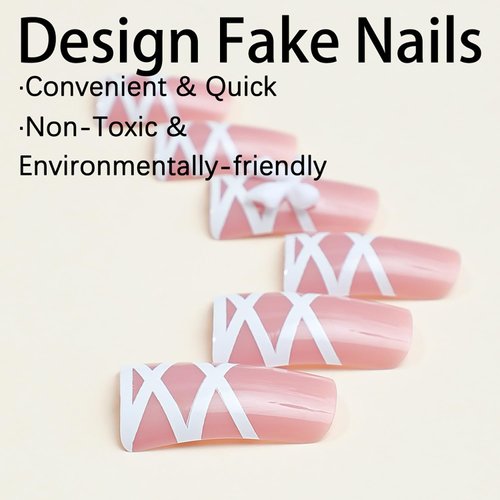 Press on Nails Duck Shape 24Pcs Glossy Full Cover Acrylic Medium Pink False Nails with Bow Designs Artificial Reusable Fake Nails with Charm Glue ons Nails Stick on Fingernails for Women Girls