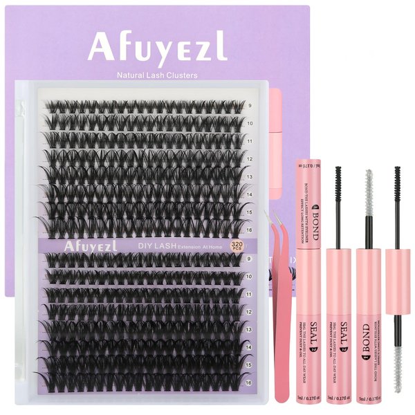 Afuyezl 320pcs Waterproof Lash Clusters Kit 9-16mm Mix 30D 40D Curl Natural Wispy Lash Cluster Lash Extension Kit Eyelashes Clusters Individual Lashes Kit with Lash Bond and Seal Lash Tweezers