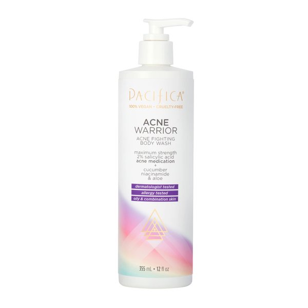 Pacifica Beauty Acne Warrior Acne Fighting Body Wash with Pump, Bath and Shower Gel, 2% Salicylic Acid, Cucumber, Niacinamide, Aloe, Acne Treatment, Blemishes, Vegan, 12 fl oz (1 Count)