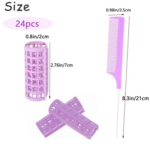 ZMD 24PCS Small Plastic Hair Curlers Rollers Set, 0.8in/2cm Snap on Hair Rollers Heatless Hair Rollers Self Grip Rollers with Mini Comb Hairdressing Curlers Tools for Medium Short Hair (Purple)