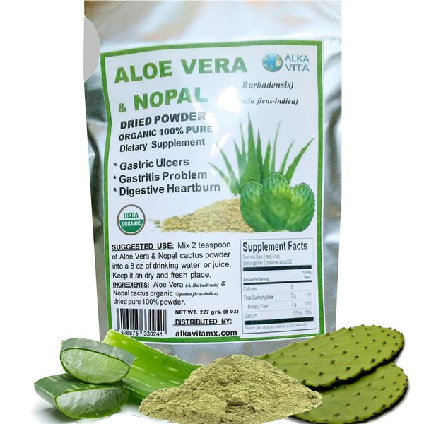 Aloe Vera & Nopal Cactus Pure 100% Organic Vegan Dried Powder Digestive System Health Bag 1/2 Lb. ALKAVITA, Green