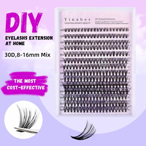 Yinaber Lash Clusters 280pcs Individual Lashes Cluster Natural DIY Eyelash Extension Lash Clusters 30D 8-16mm Mix D Curl Eyelash Clusters Extensions for Self (30D-0.07D-8-16Mix)