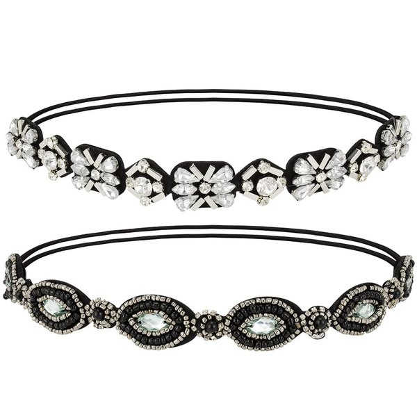 Amariver 2 Pieces Rhinestone Beaded Elastic Headband，Fashion Headbands Handmade Hair Bands Hair Accessories for Lady Woman 20-25" Fits for Most (Style B)