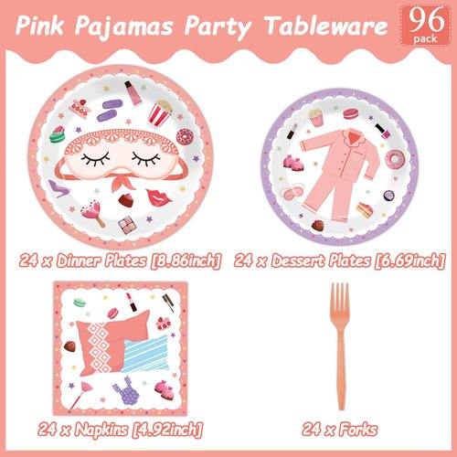 Pajama Party Plates Napkins Sleepover Party Tableware Pajamas Party Tableware Set Spa Party Dinnerware Slumber Cutlery for Girls Sleepover Slumber Birthday Spa Party Disposable Decoration 24 Guest