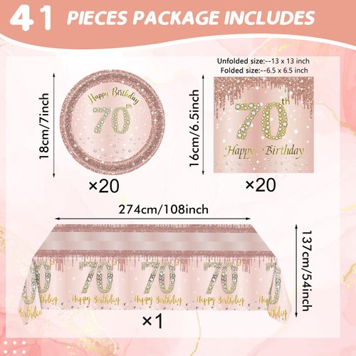 41Pcs 70th Birthday Decorations, Rose Gold Birthday Party Supplies Include 20Pcs Plates 20Pcs Napkins and 1Piece Tablecloth, Sweet Seventy Year Old Birthday Party Tableware for Girl Ladies Women