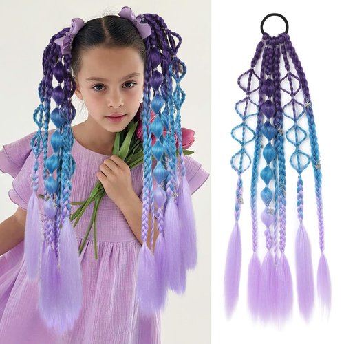 SEIKEA Colored Hair Extensions, Lightweight Colored Hair Extensions for Kids, Ombre Braided Bubble Ponytail Extension with Hair Tie, 24" Crazy Hair Day Accessories for Girls Festival Rave Braids S3