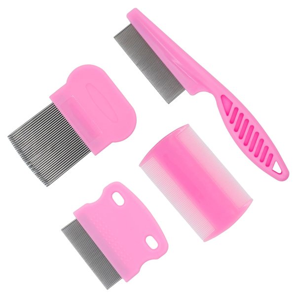 GNAWRISHING Flea Comb 4-Pieces-Pink with High Strength Teeth Durable Pet Tear Stain Remover Combs, Dog Cat Grooming Set Effective Float Hair Remover