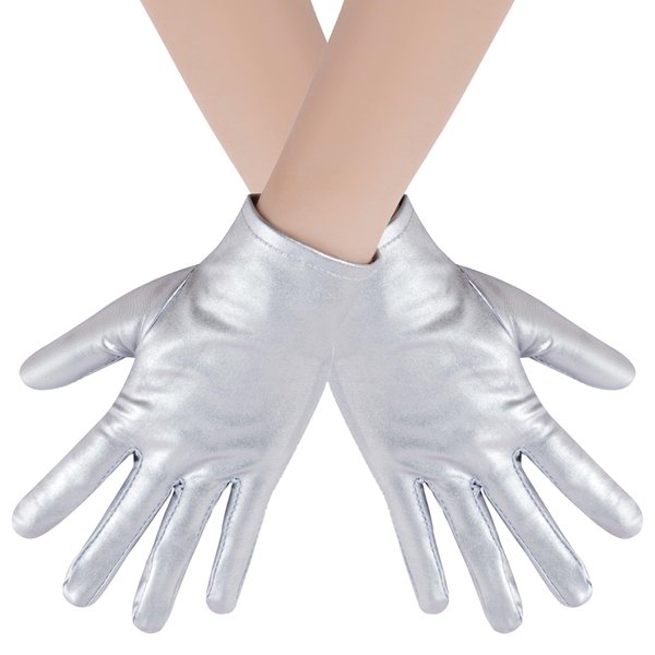 Rbenxia 1 Pair of Silver Shiny Metallic Spandex Gloves Faux Leather Cropped Gloves for Halloween Cosplay Costume Party Favors