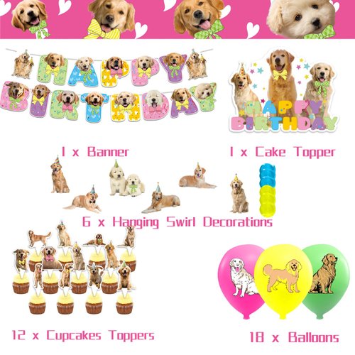 Golden Retriever Party Decorations Golden Retriever Birthday Party Supplies Includes Dog Birthday Banner Hanging Swirls Cake Topper Cupcake Toppers Balloons for Golden Retriever Birthday Decorations