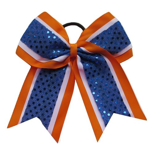 New "CONFETTI DOTS Orange Blue" Cheer Bow Pony Tail 7 Inch Girls Hair Bows Cheerleading Dance Practice Football Games Competition Birthday Grosgrain Ribbon