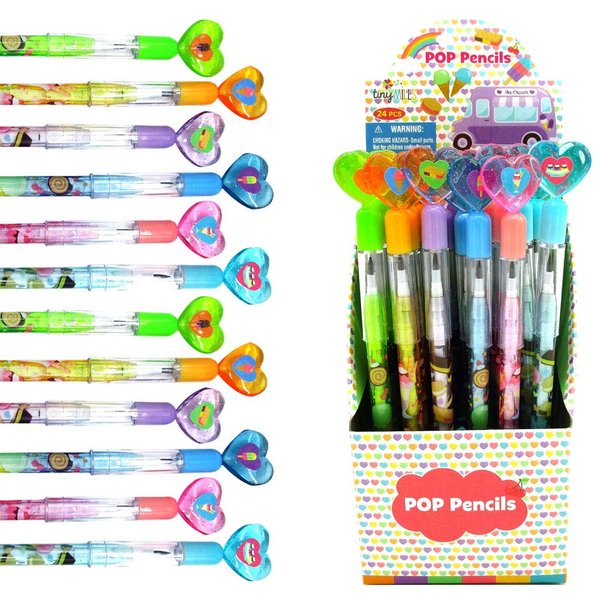 Tiny Mills 24 Pcs Ice Cream Multi Point Stackable Push Pencil Assortment with Eraser for Ice Cream Birthday Party Favor Prize Carnival Goodie Bag Stuffers Classroom Rewards Pinata Fillers