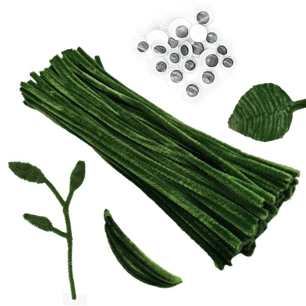 Cldamecy 100 pcs Moss Green Pipe Cleaners with 20 pcs Googly Eyes,Chenille Stems for Craft Project,Craft Pipe Cleaners for DIY Projects,Arts and Holiday Decoration