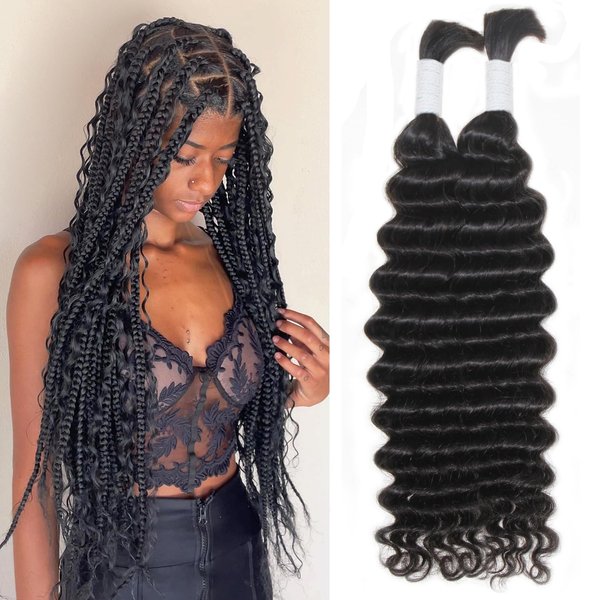 Deep Wave Bulk Braiding Hair Bundles - 25% Human Hair Mixed Hair Bundles For Human Braiding Hair No Weft 160g (1 Pack—2 Bundles) Boho Braids Wet and Wavy Synthetic Hair Extensions(20 Inch, 1B)
