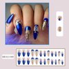 Blue Press on Nails Almond Medium Artificial False Nails Blue Rhinestones Gold Foil Design Acrylic Nails Full Cover Glossy Coffin Fake Nails Charm French Stick on Nails Set Glue on Nails for Women