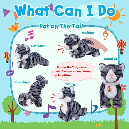 Pattern Gray Robotic Cat Toy for Kid That Move and Meow Purrs Touch Control Kitten Toys Animated Realistic Kitty Toys Kitten Robot Toy for Halloween Birthday H:12"