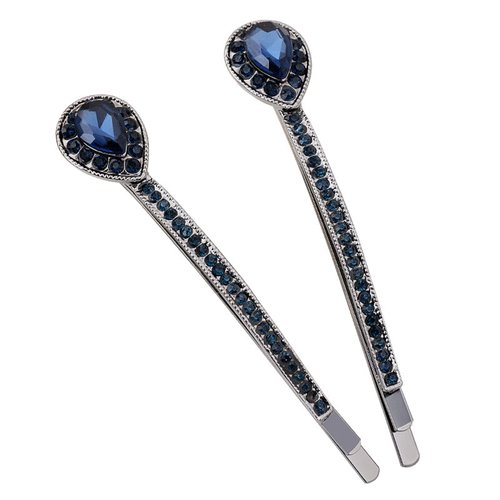 2PCS Lady Women Vintage Rhinestone Small Water droplets Bobby Pin Crystal Hair Pin Metal Hair Clips Hair Accessories (Blue)