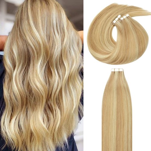 Lacer Hair Extensions Tape in Human Hair Natural Remy Rooted Seamless PU Skin Weft 100% Real Virgin Hair Ombre Golden blonde Color Double Side 50g 20pcs/set 20 inch, P#12/60