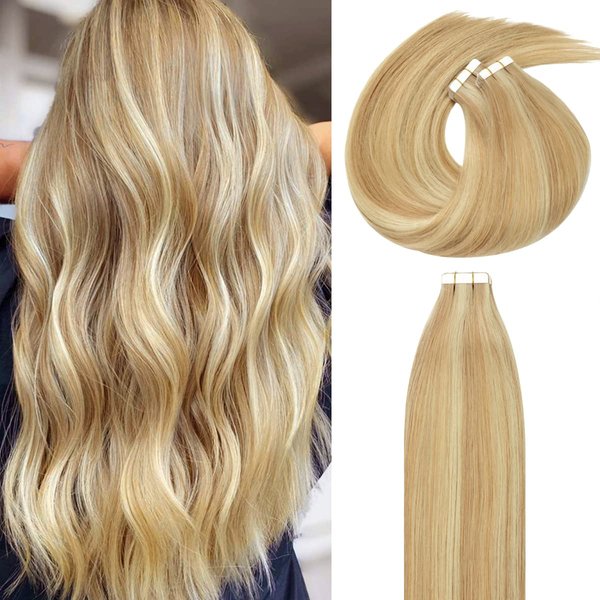 Lacer Hair Extensions Tape in Human Hair Natural Remy Rooted Seamless PU Skin Weft 100% Real Virgin Hair Ombre Golden blonde Color Double Side 50g 20pcs/set 20 inch, P#12/60