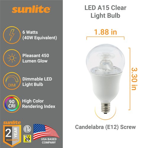 Sunlite 41699 LED A15 Appliance Clear Light Bulb, 6 Watts (40W Equivalent), 450 Lumens, Candelabra Base (E12), 90 CRI, Dimmable, ETL Listed, Ceiling Fan, Title-20 Compliant, 3000K Warm White, 6 Count