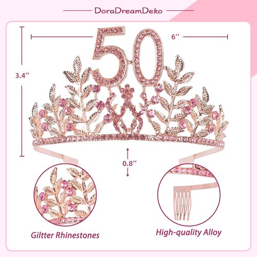 DORADREAMDEKO 50th Birthday Sash and Tiara for Women - Fabulous Glitter Sash + Leafs Rhinestone Pink Premium Metal Tiara for Her, 50th Birthday Gifts for 50 Party