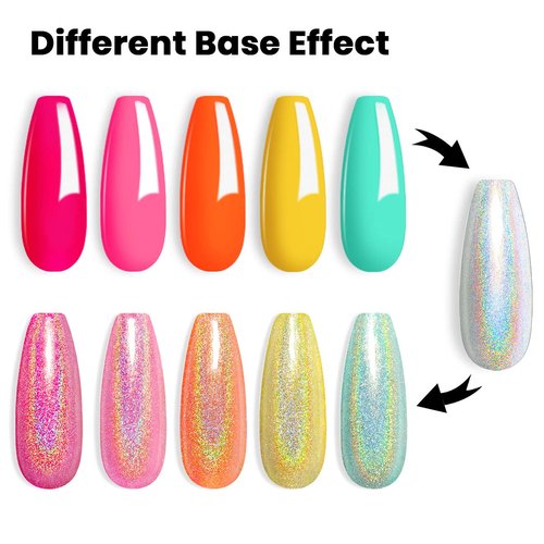 RARJSM Neon Gel Nail Polish Kit Soak off Holographic Nail Polish Set Silver Glitter Nail Polish Irridescent Colors Green Yellow Neon Orange Hot Pink Rose Red 6 Piece Set 7.5ML Curing Required