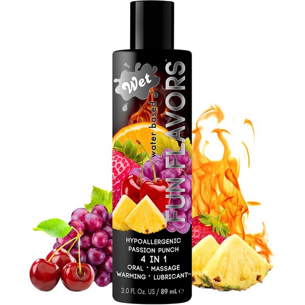 Wet Fun Flavors Passion Punch 4 in 1 Warming Flavored Tasty Lube 3 Fl Oz, Premium Personal Lubricant, Men, Women and Couples, Ideal for Foreplay & Massage, Paraben Free, Gluten, Stain, & Sugar Free