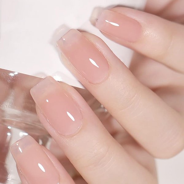 Press On Nails Short, SHOWMORE Nude Sheer Gel Jelly Fake Nails Medium Square Natural Semi-Transparent Glue On Nails False Nails Stick On Nails in 15 Sizes 30 Nail Kit with Glue for Wedding Nails