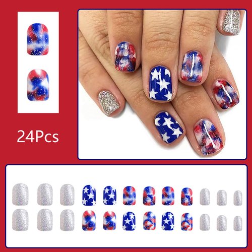 24 Pcs Glitter Press on Nails Independence Day Fake Nails Short Square False Nails with Stars Design Red Blue Patriotic Nails Glossy Acrylic Glue on Nails for 4th of July Holiday Nails for Women Girls