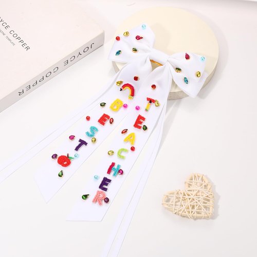 Back to School Hair Bow Clip Pink Tassel Pearl Rhinestone Embellished Hair Bow Cute BACK TO SCHOOL Ribbon Bow Barrette Hair Accessories Teacher's Day Outfit (best school bow white)