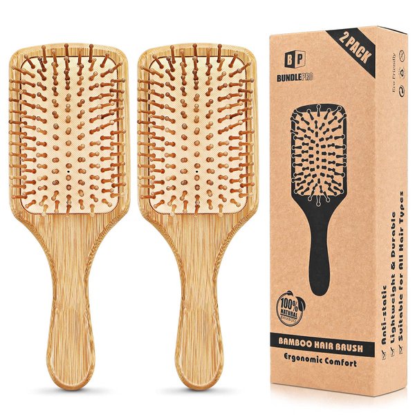 Pack of 2 Bamboo Hair Brushes, 100% Natural Eco-friendly Hair Brush with Bamboo Bristles, Massages Scalp Anti-Static Hair Detangle for All Types, Lightweight (Paddle)