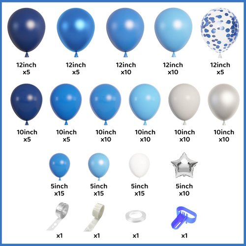Amandir Navy Blue Balloons Arch Garland Kit, 144Pcs Royal Light Blue Confetti Silver Star Foil Balloons for Blue Boys Birthday Baby Shower Wedding Party Decorations Supplies &4Pcs Tools