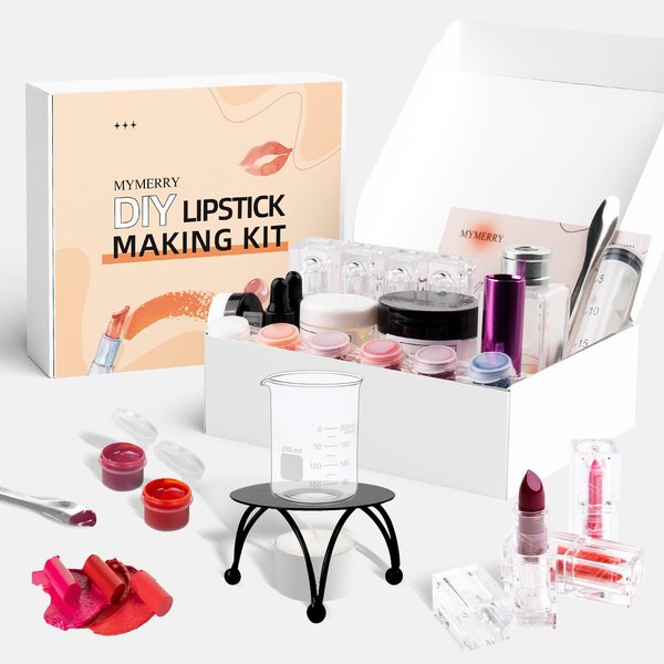 MYMERRY Lipstick Making Kit, Lipstick Maker Kit, Make Your Own Lipstick with Natural Beeswax, Shea Butter, Jojoba Oil, Fun Makeup Kits for Birthday, Christmas Gifts