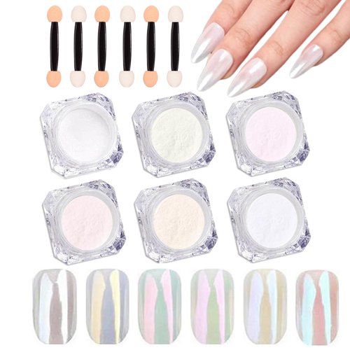 6 Colors White Pearl Chrome Nail Powder Kit,Aurora Iridescent Powder Holographic Mirror Effect Mermaid Chrome Pigment Glitter Dust Powder, Pearlescent Chrome Powder Nail Art Manicure