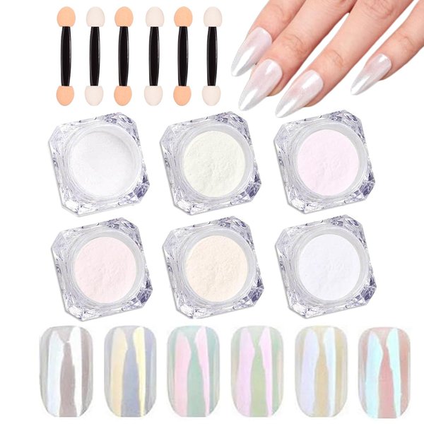 6 Colors White Pearl Chrome Nail Powder Kit,Aurora Iridescent Powder Holographic Mirror Effect Mermaid Chrome Pigment Glitter Dust Powder, Pearlescent Chrome Powder Nail Art Manicure