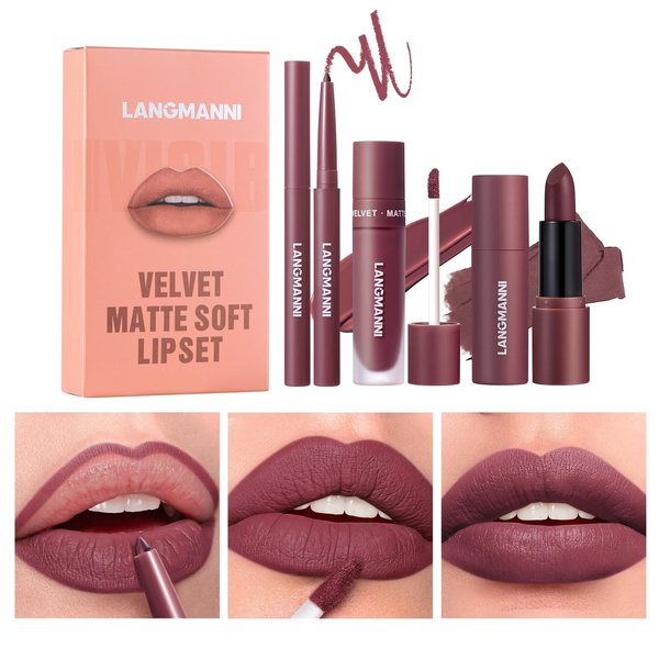 Jolilab 3 in 1 Matte Velvet Lipstick Set-Lip Liner, Lip Gloss and Lipstick, Waterproof Longlasting Pigment Nude Non-Stick Cup Women Lip Makeup, Perfect for Natural Lip Contour (SET 6, 1)