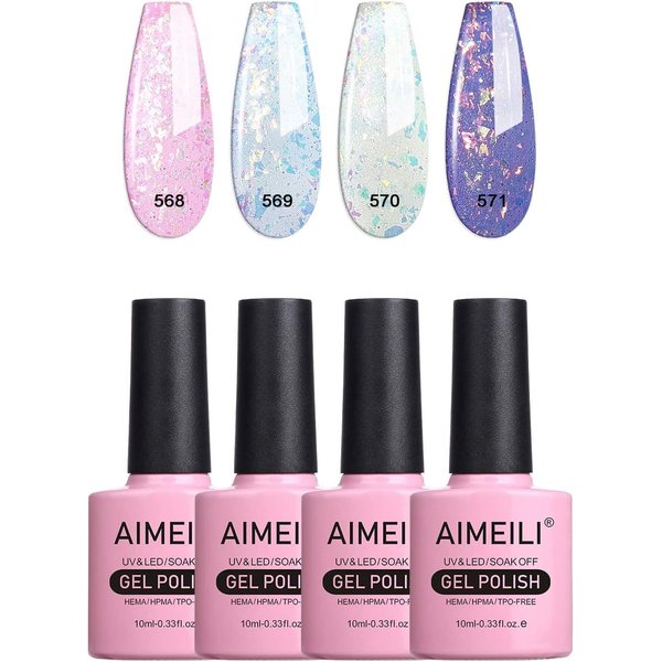 AIMEILI Gel Nail Polish Hema Free Gel Polish 4 Colors Pink Purple Blue Silver Glitter Gel Nail Kit Shining Nails Soak Off Summer Nail Design Nail Lamp Cured Manicure Set for Women Kit Set 32