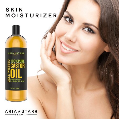 Aria Starr Castor Oil Cold Pressed - 16 FL OZ - 100% Pure Hair Oil For Hair Growth, Face, Skin Moisturizer, Scalp, Thicker Eyebrows And Eyelashes