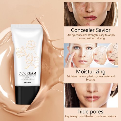 Korean Cc Cream Self Adjusting for Mature Skin, Cc Cream Tinted Moisturizer with Spf 50 Full Coverage, Organic Cc Cream Sunscreen Foundation and Concealer for Face and Body Color Correcting (1PCS)