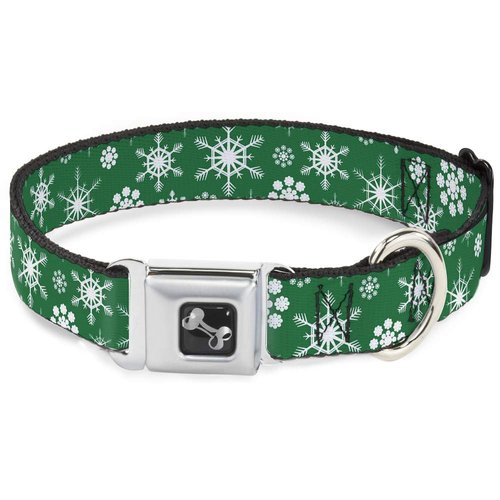 Dog Collar Seatbelt Buckle Snowflakes Green White 9 to 15 Inches 1.0 Inch Wide