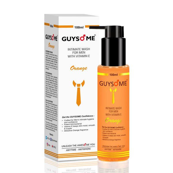 GUYSOME Intimate Wash for Men, Daily Hygiene Wash for Male Genital Area Care, pH Balance for Sensitive Skin with Vitamin E & Sea Buckthorn 3.38 FL Oz 100ML (Orange)
