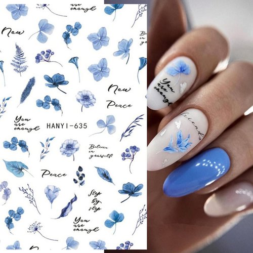 Flower Nail Art Stickers Charming Butterfly Nail Decals Spring Summer Nail Stickers for Nail Art Watercolor Blue Floral Nail Accessories 3D Self-Adhesive Design Nail Decoration for Women 6 Sheets