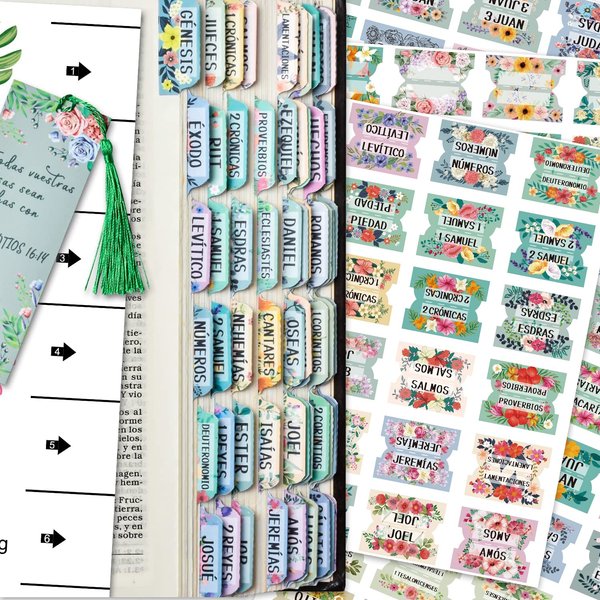 Spanish Bible Index Tabs New & Old Testament Tabs Matte Laminated Floral Design, Bible Journaling Supplies - 122 Pcs (Floral)