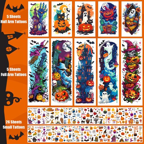 Partywind 36 Sheets Kids Full & Half Arm Halloween Temporary Tattoos Sleeves, Fake Tattoo Stickers for Halloween Party Supplies Decorations, Halloween Treats for Kids Trick or Treat Party Games