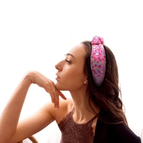 Doneace Sequin Knotted Headbands for Girls Women Pink Sparkly HairBands Fashion Glitter Wide Top Knot Headband for Sport Cute Hair Accessories Birthday Gifts 1Pcs