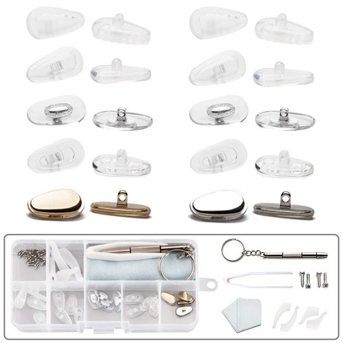 Eyeglass Nose Pads, Silicone Air Bag Metal Eyeglasses Nose Pad for Screw-in Glasses Sunglasses 6 Styles 10 Pairs, with Eyeglass Ear Hook Eyeglass Repair Kit(4 in 1 Screwdriver Tweezer Clean Cloth)