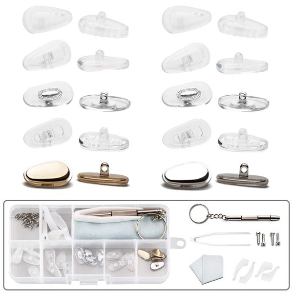 Eyeglass Nose Pads, Silicone Air Bag Metal Eyeglasses Nose Pad for Screw-in Glasses Sunglasses 6 Styles 10 Pairs, with Eyeglass Ear Hook Eyeglass Repair Kit(4 in 1 Screwdriver Tweezer Clean Cloth)