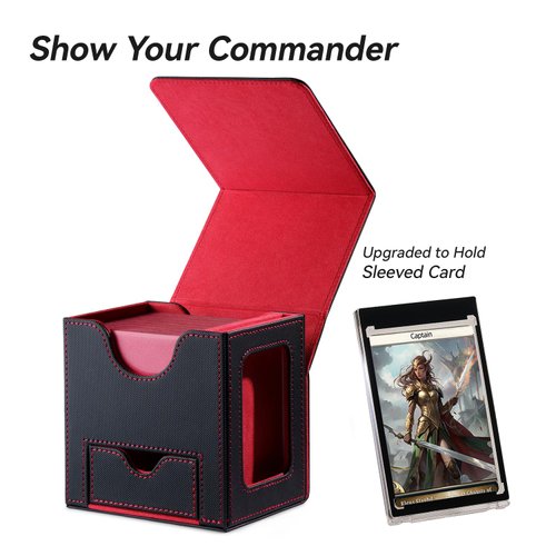 Mage Tech Card Deck Box for MTG Commander - Patented Design, Commander Display, Fits 100 Double-Sleeved Cards, 35pt Card Brick & Dice Tray - Black/Red